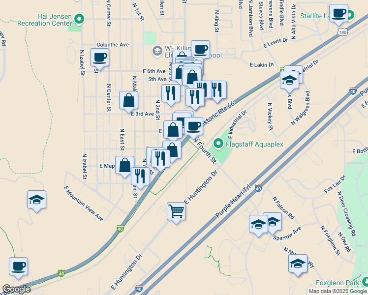 map of restaurants, bars, coffee shops, grocery stores, and more near 2405 West Historic Route 66 in Flagstaff