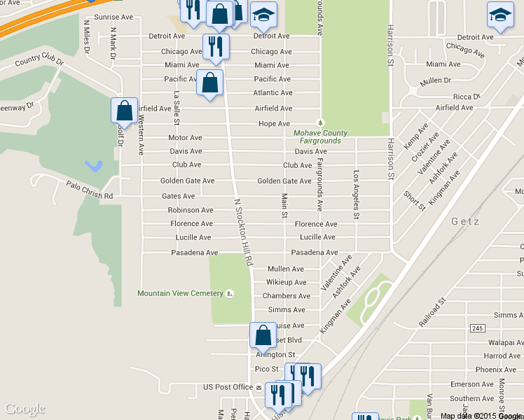 map of restaurants, bars, coffee shops, grocery stores, and more near 1998 Robinson Avenue in Kingman