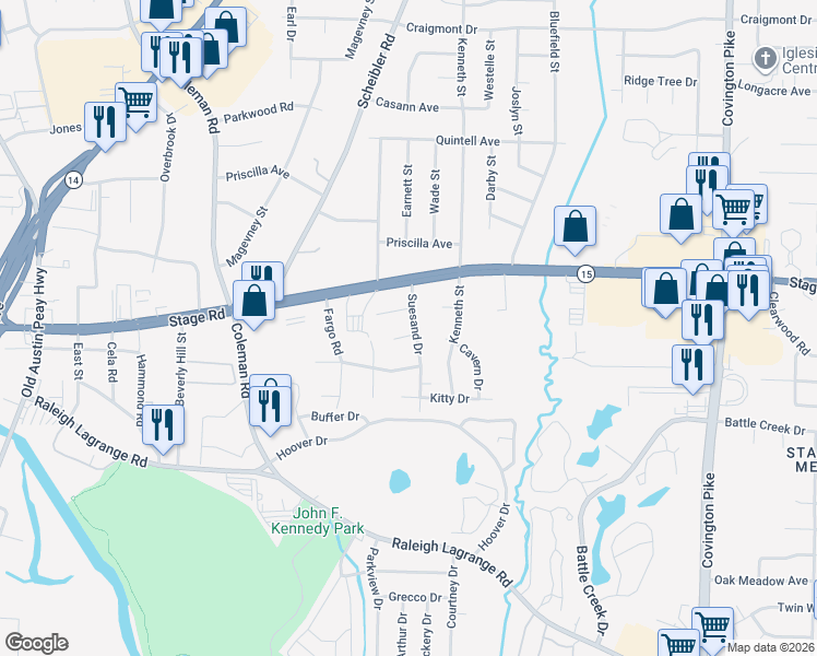 map of restaurants, bars, coffee shops, grocery stores, and more near 2921 Suesand Drive in Memphis