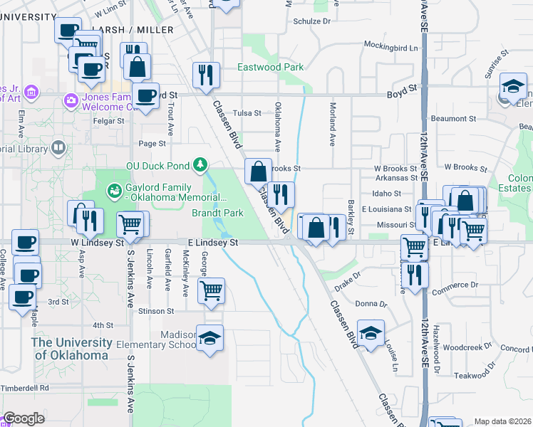map of restaurants, bars, coffee shops, grocery stores, and more near 1915 Classen Boulevard in Norman