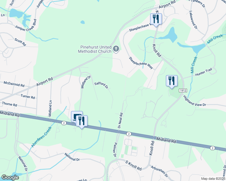 map of restaurants, bars, coffee shops, grocery stores, and more near 195 Safford Drive in Pinehurst