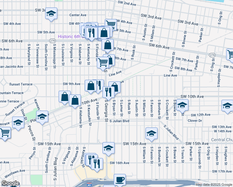map of restaurants, bars, coffee shops, grocery stores, and more near 929 South Bryan Street in Amarillo