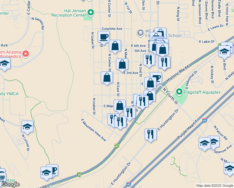 map of restaurants, bars, coffee shops, grocery stores, and more near 1728 North Center Street in Flagstaff
