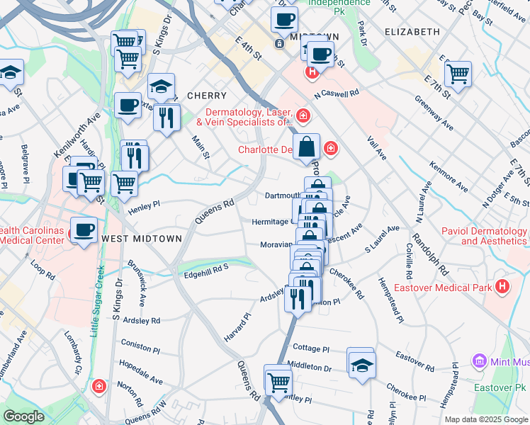 map of restaurants, bars, coffee shops, grocery stores, and more near 610 Hermitage Court in Charlotte