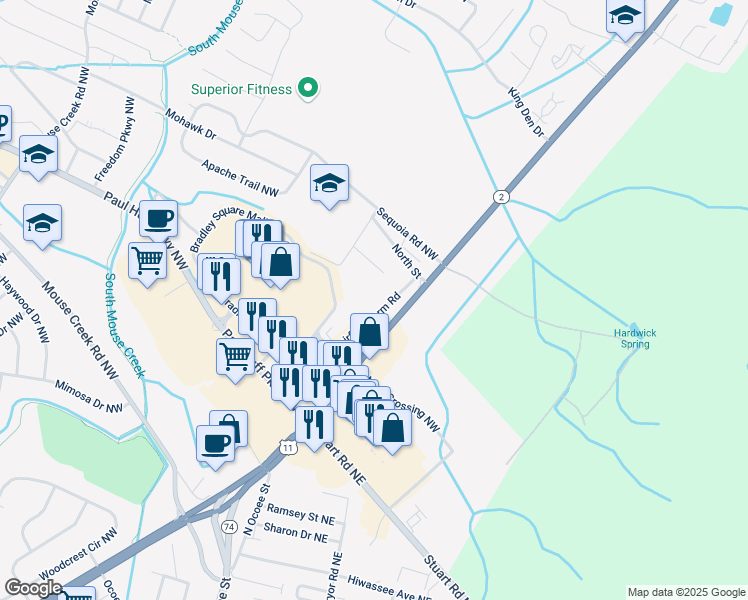 map of restaurants, bars, coffee shops, grocery stores, and more near 4645 Fairfield Farm Rd NW in Cleveland