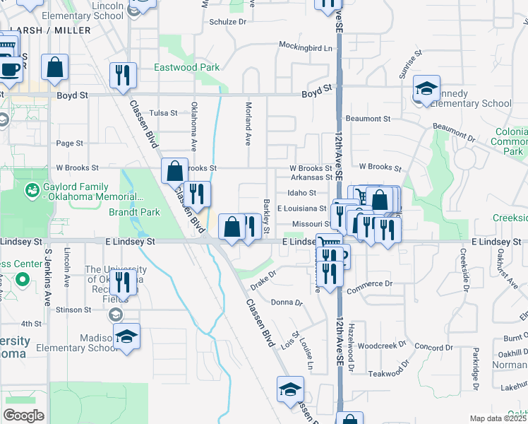 map of restaurants, bars, coffee shops, grocery stores, and more near 2010 Virginia Street in Norman