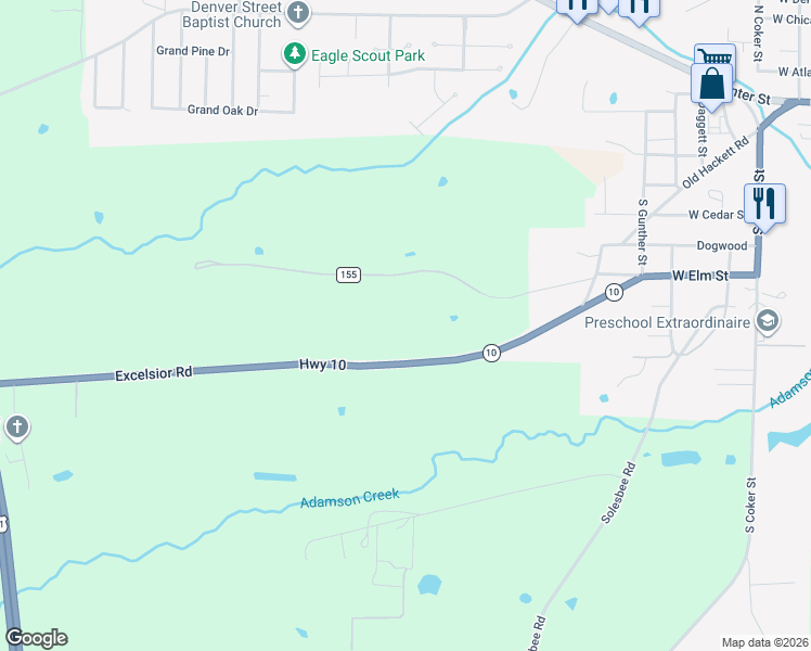 map of restaurants, bars, coffee shops, grocery stores, and more near 1100 Excelsior Road in Greenwood
