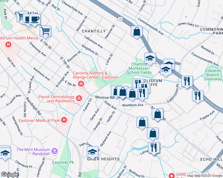map of restaurants, bars, coffee shops, grocery stores, and more near 532 Bramlet Road in Charlotte