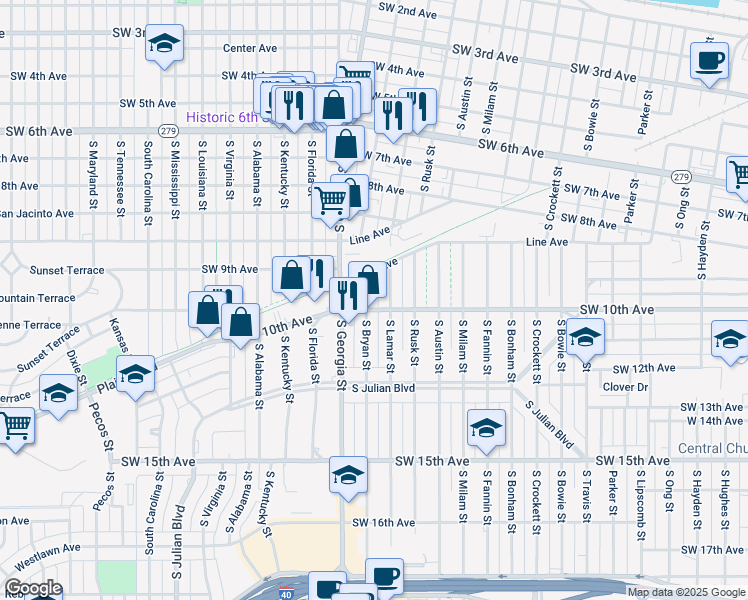 map of restaurants, bars, coffee shops, grocery stores, and more near 929 South Bryan Street in Amarillo