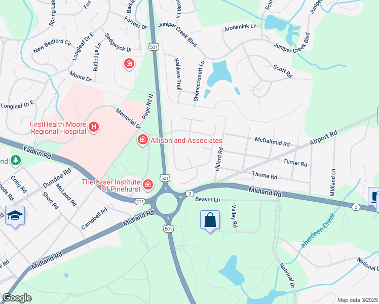 map of restaurants, bars, coffee shops, grocery stores, and more near 25 Gull Lane in Pinehurst