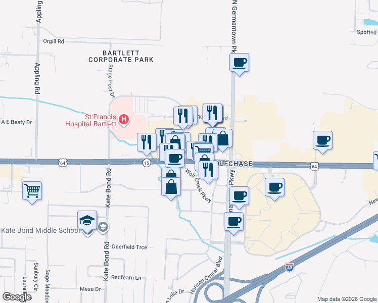 map of restaurants, bars, coffee shops, grocery stores, and more near 8018 U.S. 64 in Memphis