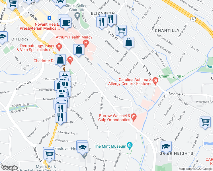 map of restaurants, bars, coffee shops, grocery stores, and more near Vail Avenue & North Laurel Avenue in Charlotte