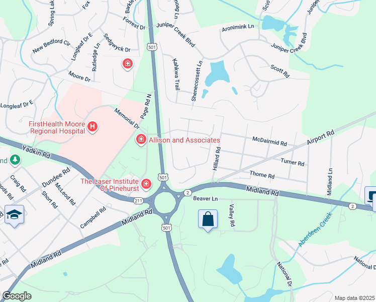 map of restaurants, bars, coffee shops, grocery stores, and more near 25 Gull Lane in Pinehurst
