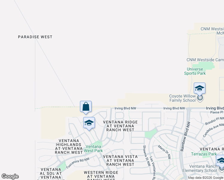map of restaurants, bars, coffee shops, grocery stores, and more near 99999 Oso Ridge Place Northwest in Albuquerque