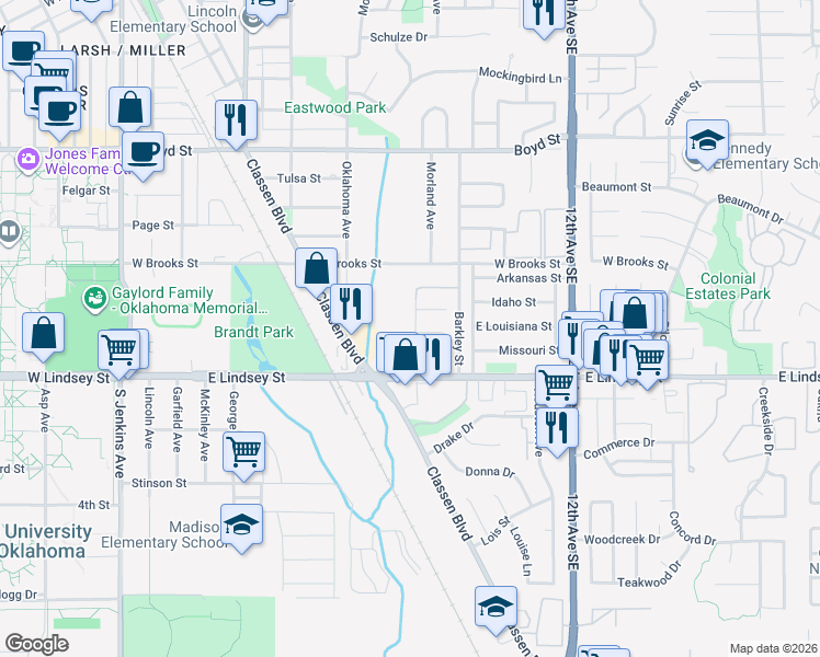 map of restaurants, bars, coffee shops, grocery stores, and more near 1936 Cherokee Lane in Norman