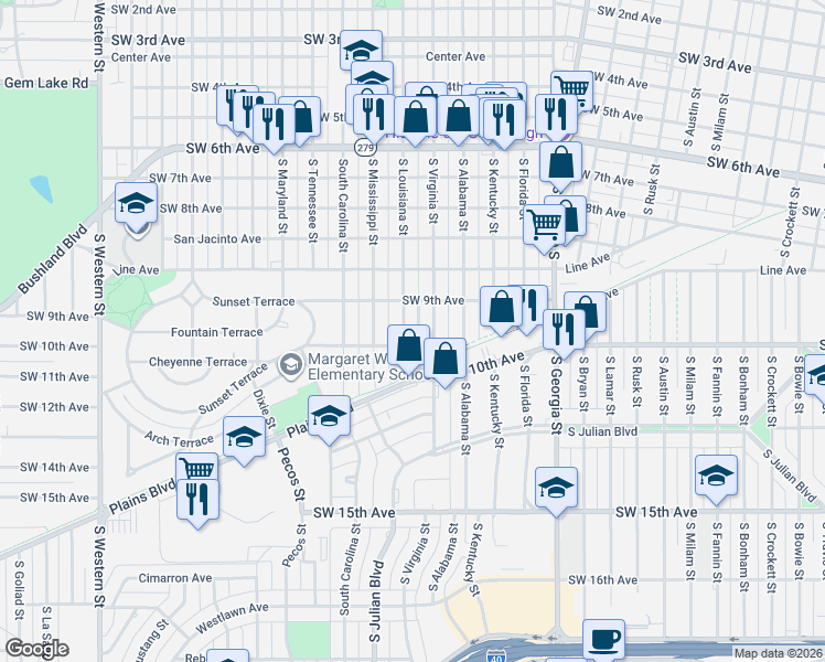 map of restaurants, bars, coffee shops, grocery stores, and more near 3200 Southwest 10th Avenue in Amarillo