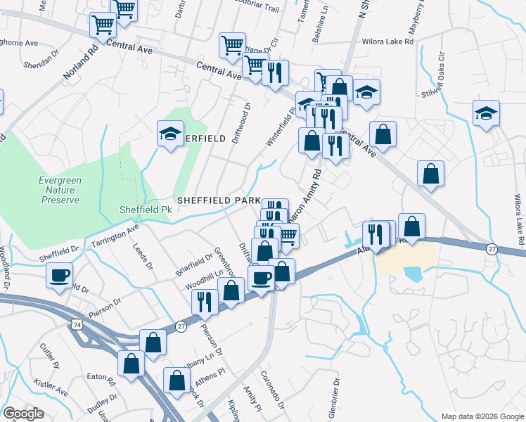 map of restaurants, bars, coffee shops, grocery stores, and more near 3302 Campbell Drive in Charlotte