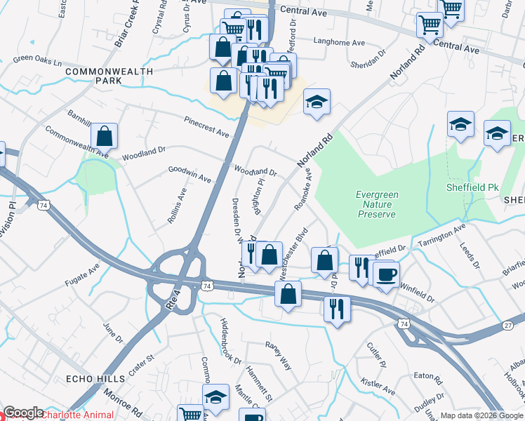 map of restaurants, bars, coffee shops, grocery stores, and more near 1052 Norland Road in Charlotte