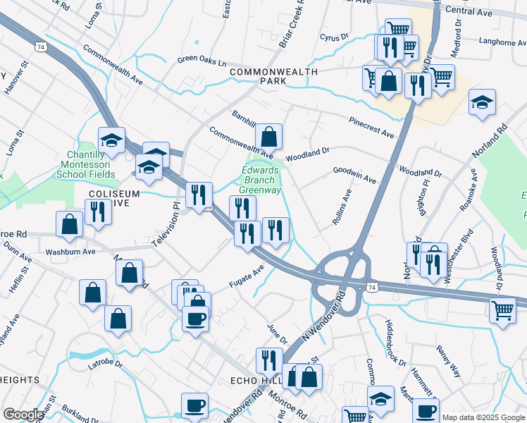 map of restaurants, bars, coffee shops, grocery stores, and more near 1020 Coliseum Drive in Charlotte