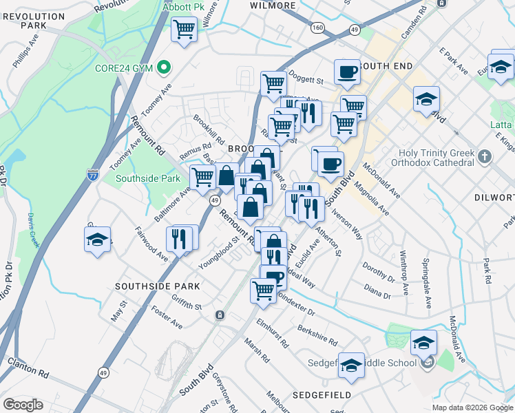 map of restaurants, bars, coffee shops, grocery stores, and more near 221 Domain Way in Charlotte