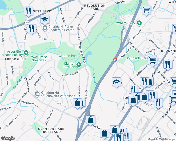 map of restaurants, bars, coffee shops, grocery stores, and more near 3133 Barringer Drive in Charlotte