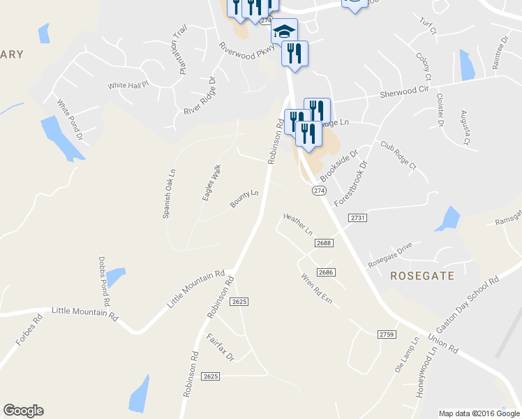 map of restaurants, bars, coffee shops, grocery stores, and more near 311 Robinson Road in Gastonia