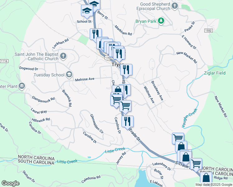 map of restaurants, bars, coffee shops, grocery stores, and more near 250 Chestnut Street in Tryon