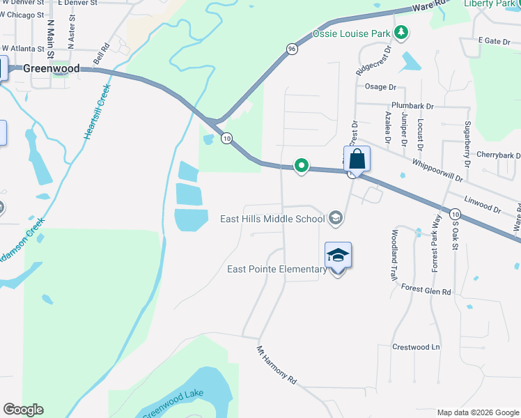 map of restaurants, bars, coffee shops, grocery stores, and more near 1095 Farley Circle in Greenwood