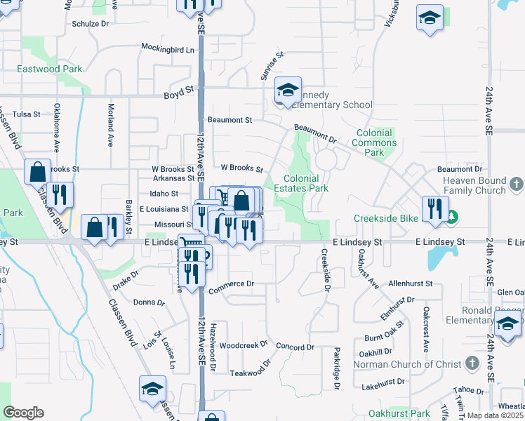 map of restaurants, bars, coffee shops, grocery stores, and more near 1337 East Lindsey Street in Norman