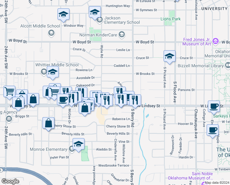 map of restaurants, bars, coffee shops, grocery stores, and more near 1321 Lindale Avenue in Norman