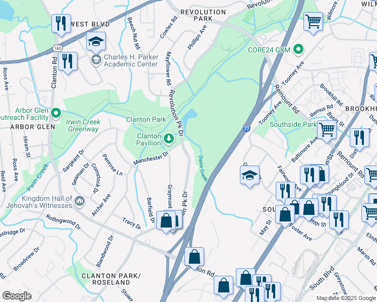 map of restaurants, bars, coffee shops, grocery stores, and more near 3133 Barringer Drive in Charlotte