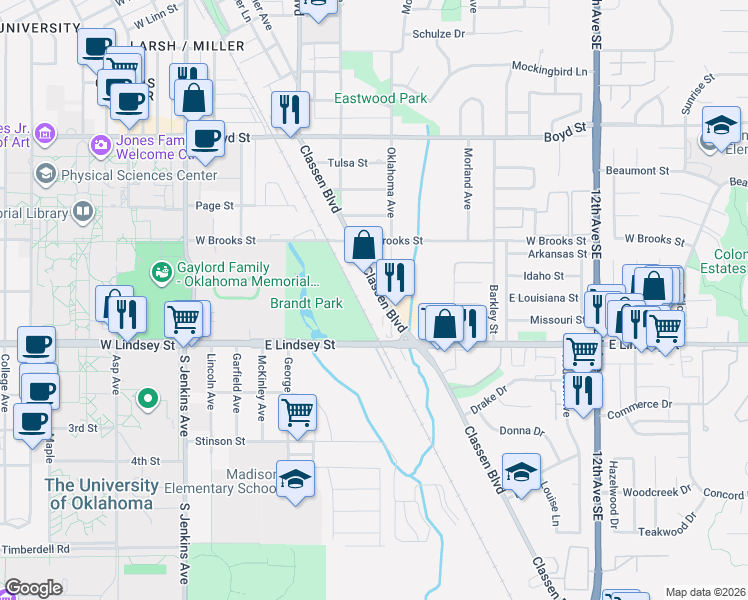 map of restaurants, bars, coffee shops, grocery stores, and more near 1915 Classen Boulevard in Norman