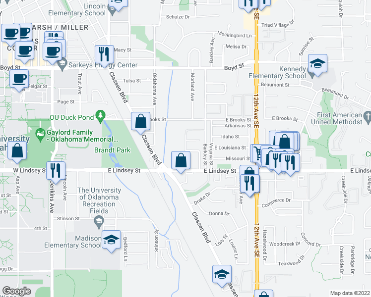 map of restaurants, bars, coffee shops, grocery stores, and more near 1934 Cherokee Lane in Norman