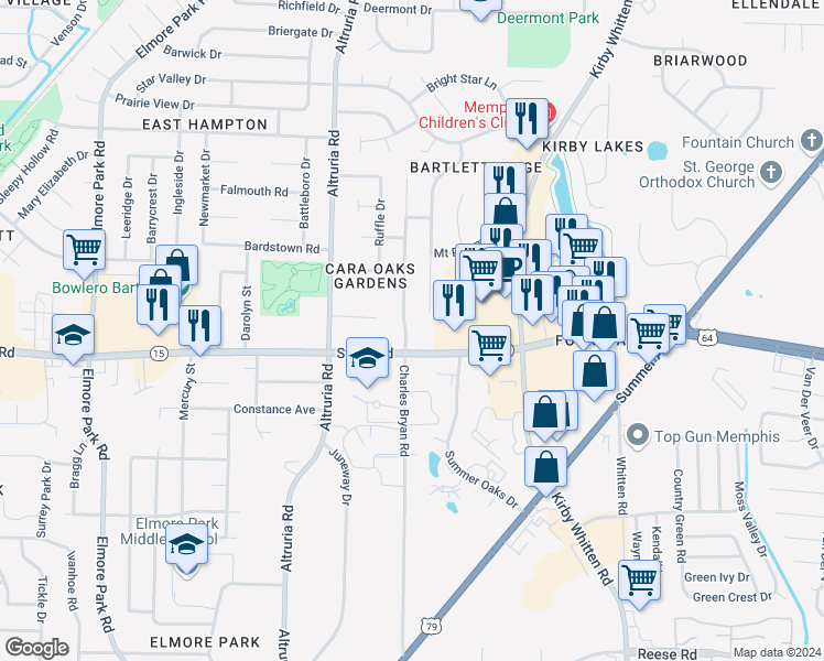 map of restaurants, bars, coffee shops, grocery stores, and more near 2924 Charles Bryan Road in Bartlett