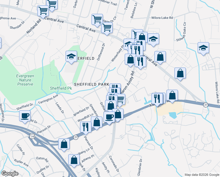 map of restaurants, bars, coffee shops, grocery stores, and more near 3302 Campbell Drive in Charlotte
