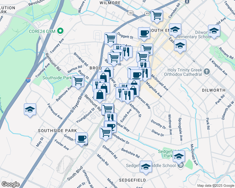 map of restaurants, bars, coffee shops, grocery stores, and more near 1504 Mainline Boulevard in Charlotte