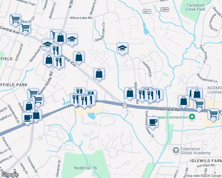 map of restaurants, bars, coffee shops, grocery stores, and more near in Charlotte