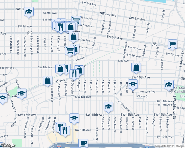 map of restaurants, bars, coffee shops, grocery stores, and more near 925 South Rusk Street in Amarillo