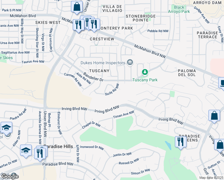 map of restaurants, bars, coffee shops, grocery stores, and more near 5505 Sicily Road Northwest in Albuquerque