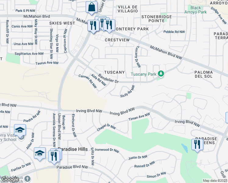 map of restaurants, bars, coffee shops, grocery stores, and more near 10432 Napoli Street Northwest in Albuquerque
