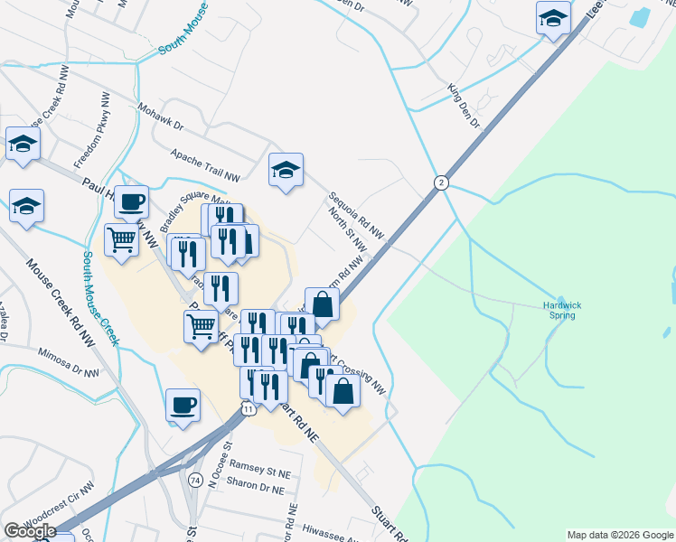 map of restaurants, bars, coffee shops, grocery stores, and more near 4681 North Lee Highway in Cleveland