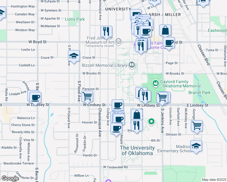 map of restaurants, bars, coffee shops, grocery stores, and more near 800 Elm Avenue in Norman