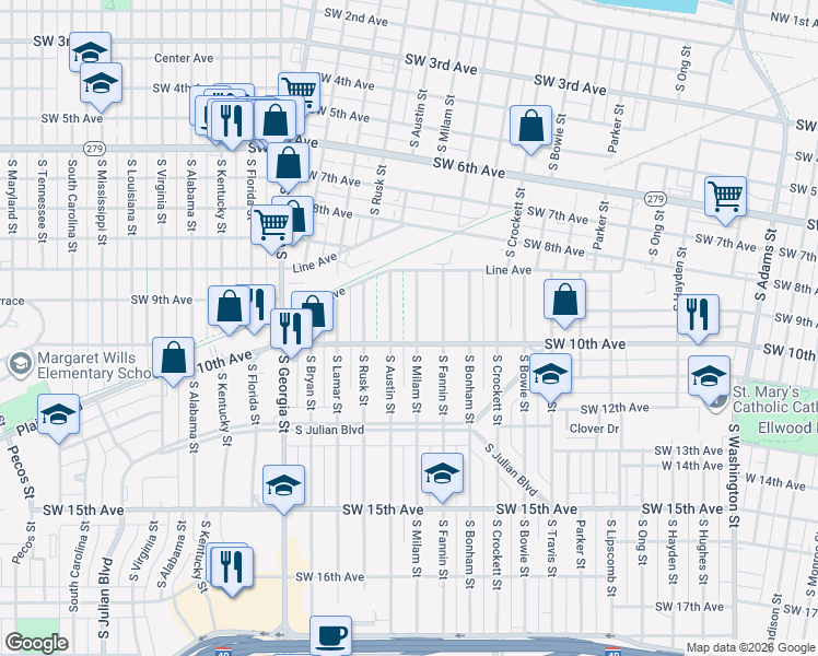 map of restaurants, bars, coffee shops, grocery stores, and more near 929 South Austin Street in Amarillo