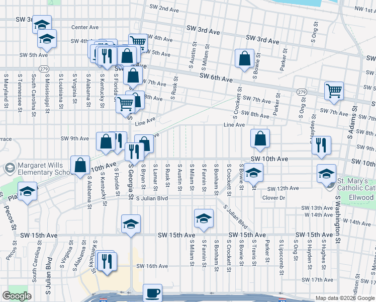 map of restaurants, bars, coffee shops, grocery stores, and more near 929 South Austin Street in Amarillo