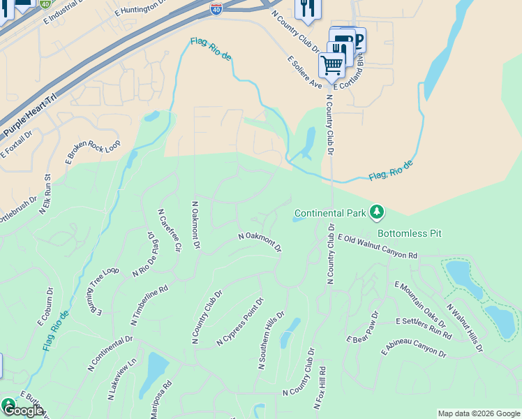 map of restaurants, bars, coffee shops, grocery stores, and more near 10 North Saddleback Way in Flagstaff