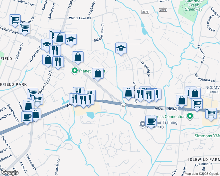 map of restaurants, bars, coffee shops, grocery stores, and more near in Charlotte