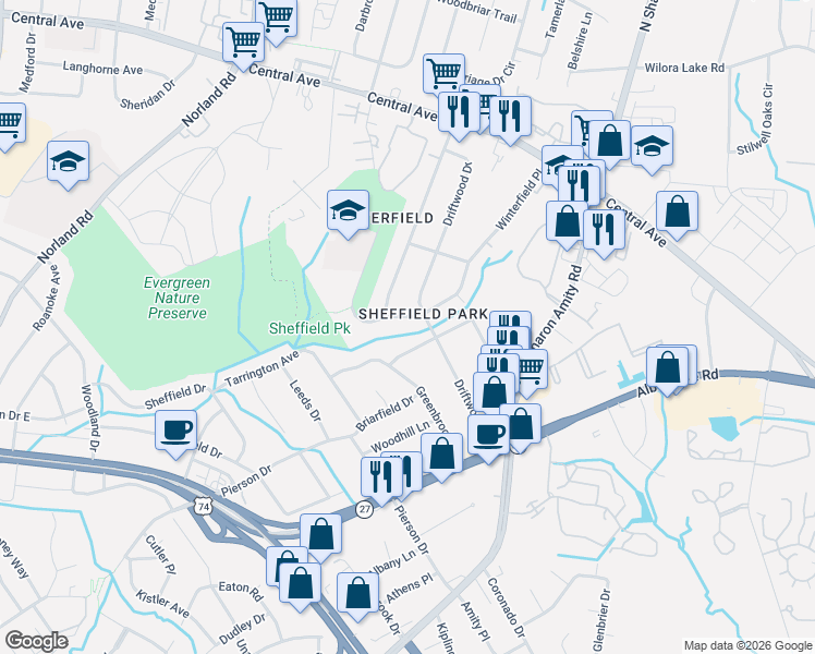 map of restaurants, bars, coffee shops, grocery stores, and more near 3518 Campbell Drive in Charlotte