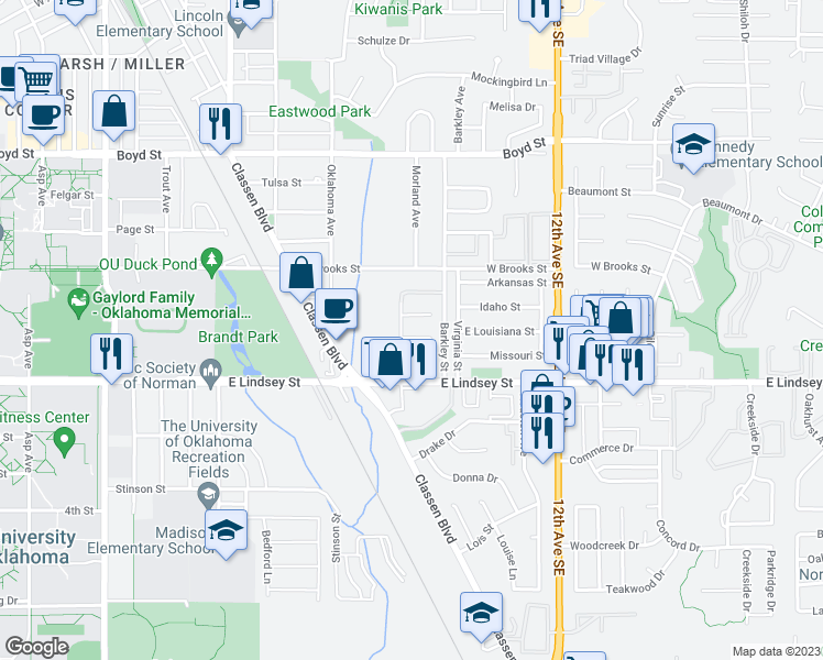 map of restaurants, bars, coffee shops, grocery stores, and more near 817 Owl Street in Norman