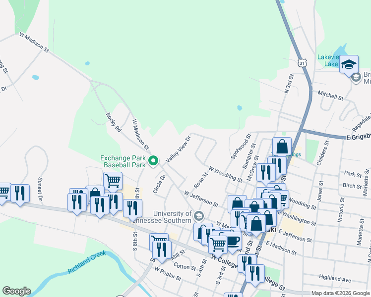 map of restaurants, bars, coffee shops, grocery stores, and more near 341 Valley View Drive in Pulaski