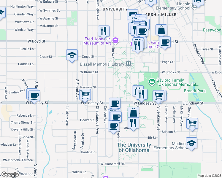 map of restaurants, bars, coffee shops, grocery stores, and more near 800 Elm Avenue in Norman